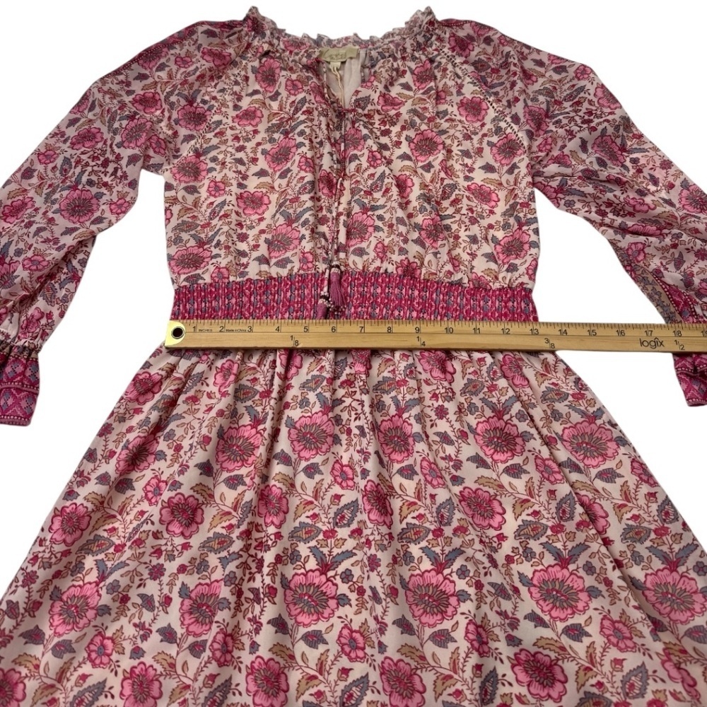 Love The Label Anthropologie Boho Floral Mini Dress Pink Smocked Tassel S - Picture 12 of 15